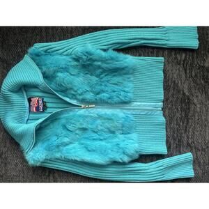 Rare vintage Y2K leather USA turquoise genuine rabbit fur zip up jacket